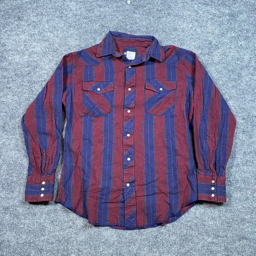 Wrangler Mens Western Snap Flannel Shirt Medium Burgundy Navy Striped 75098AS